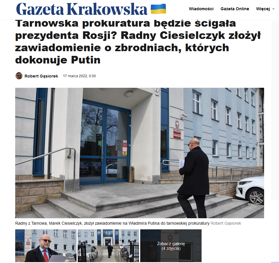 „Gazeta Krakowska” o złożeniu do prokuratury przez przewodniczącego Antypartii zawiadomienia o przestępstwach Putina