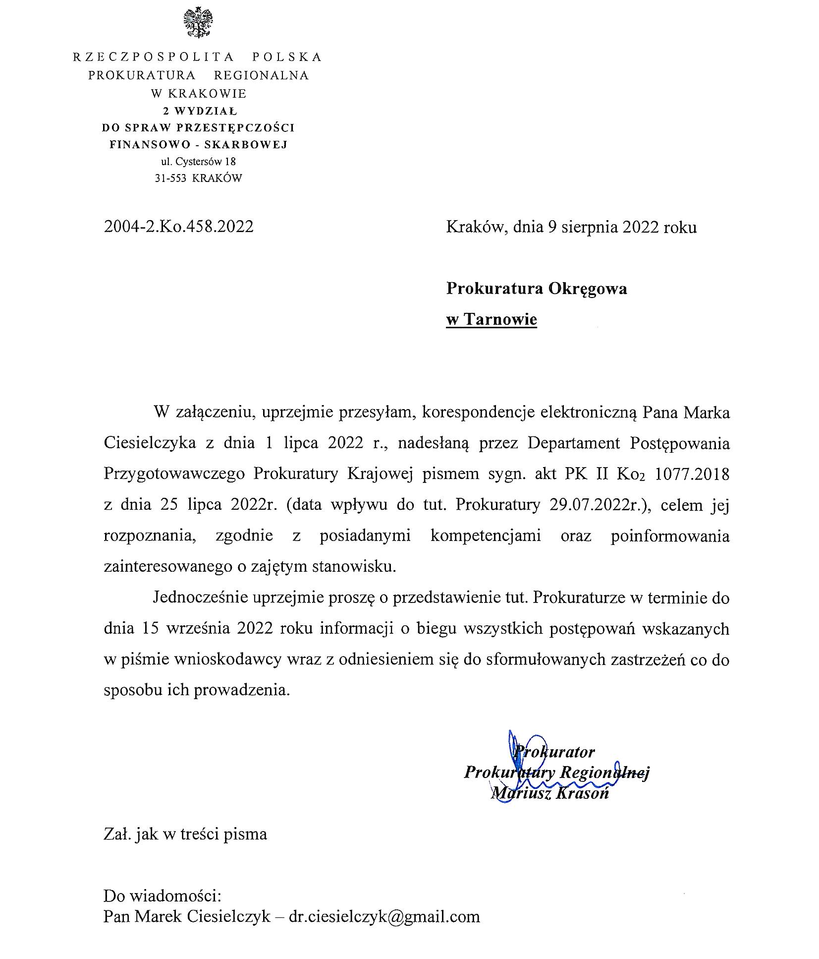 Prokuratura Regionalna w Krakowie żąda wyjaśnień od Prokuratury Okręgowej w Tarnowie