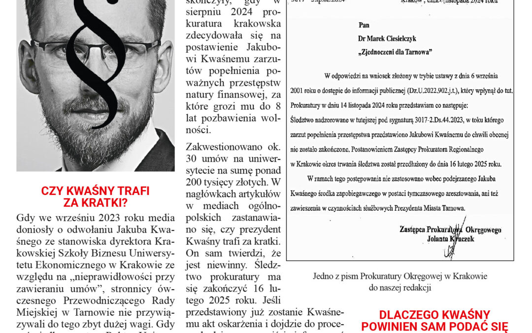 Prezydent Tarnowa Jakub Kwaśny z zarzutami prokuratury – grozi mu 8 lat więzienia